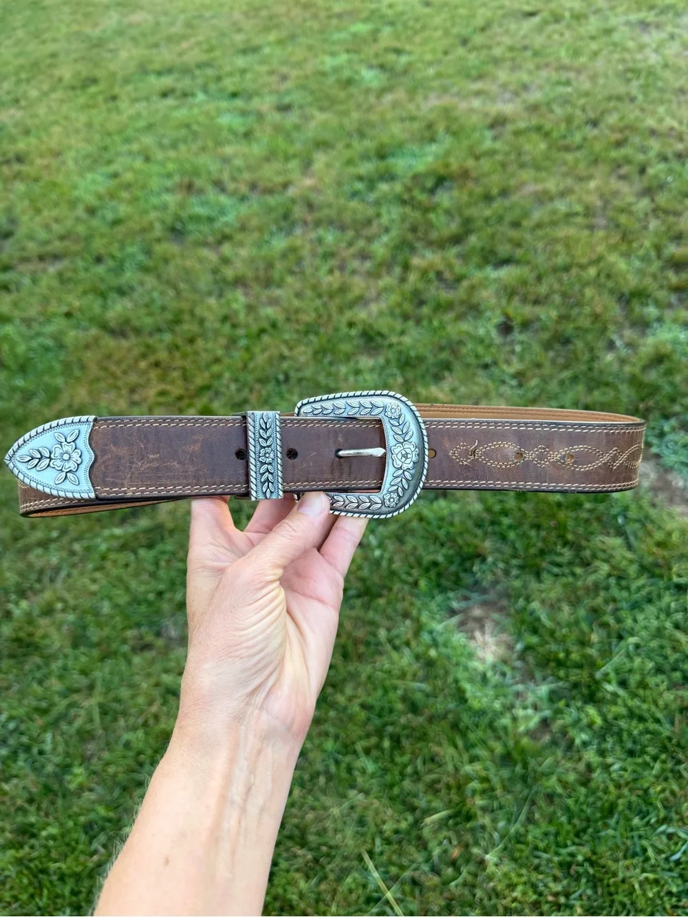 Ariat Brown Leather Western Belt with Silver Floral Buckle and Tip